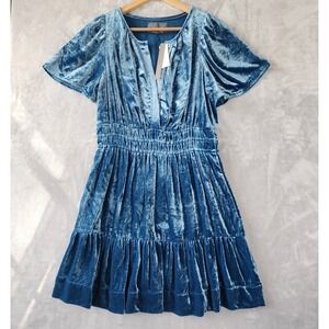 Anthropologie Dress Size Medium Somerset Velvet Edition Blue Smocked Waist NEW